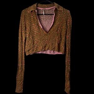 Free People Ribbed Knit Crop Top Long Sleeve Plunge Neck Pink‎ Green XS
